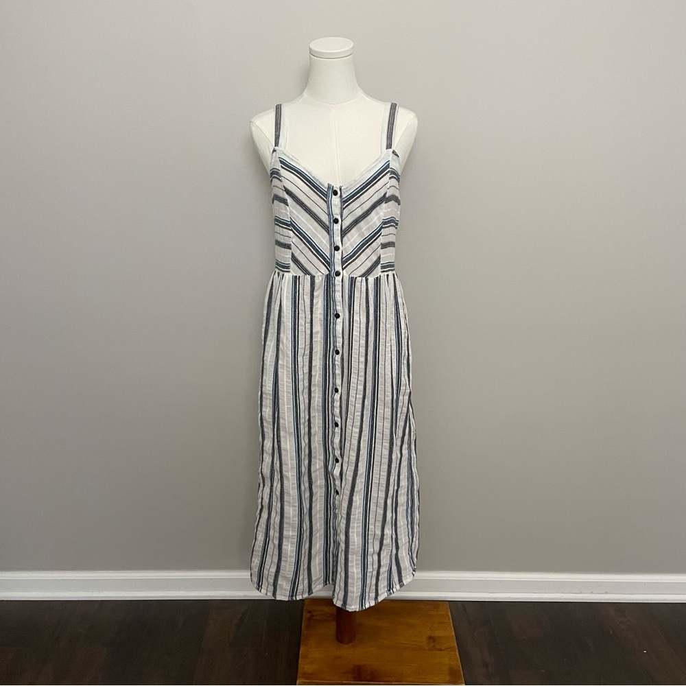 Zara Dres Midi Striped Cotton Button Front Pockets Coastal Beach Cottagecore - Picture 1 of 12